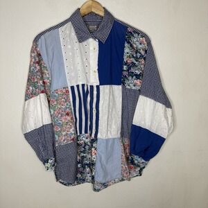 Vintage Sorrel Patchwork Grandmacore Long Sleeve Cottagecore Shirt Medium Blue